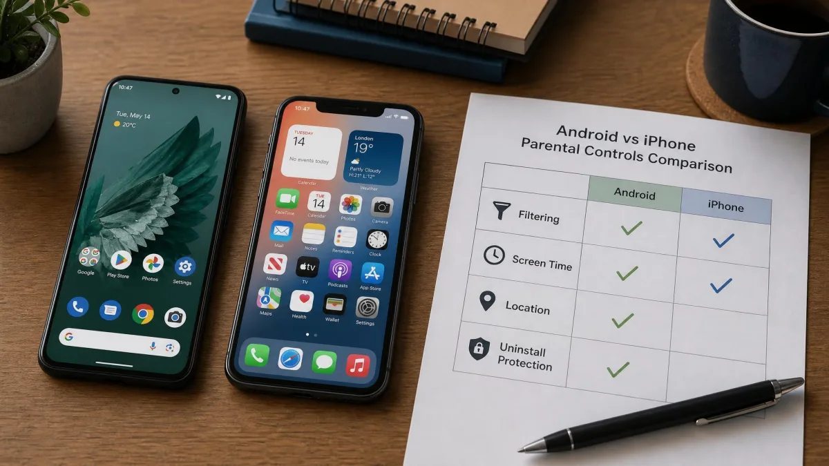 A desk with two phones, an Android handset and an iPhone, alongside a printed comparison checklist with rows for filtering, screen time, location and uninstall protection partly ticked off.