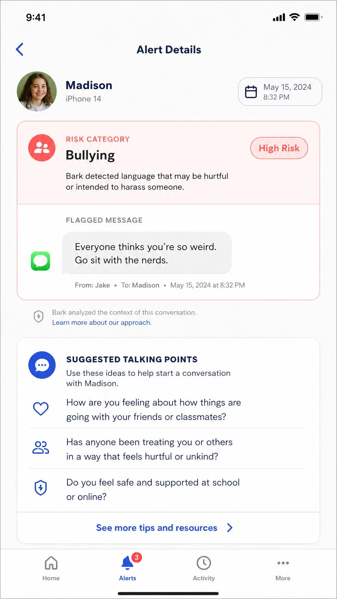 Bark parent app alert detail screen showing a flagged message snippet, the risk category label such as bullying, and suggested talking points for the parent below it.
