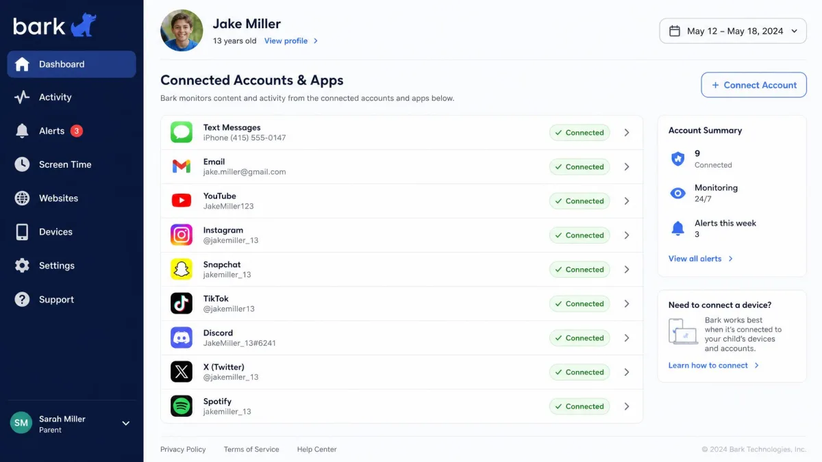 Bark's parent dashboard listing connected accounts and apps being monitored for one child, including text messages, email, YouTube and several social apps with green connected status labels.