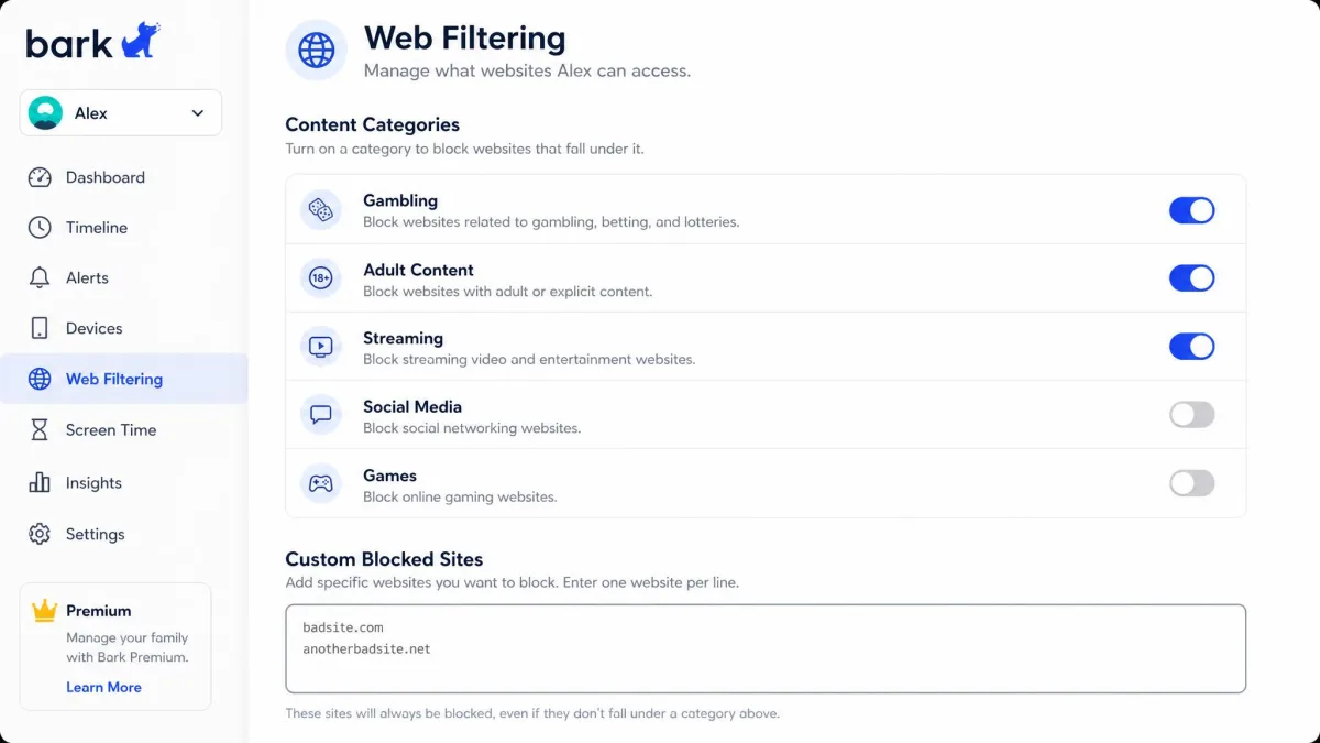 Bark's web filtering settings screen with content categories such as gambling, adult content and streaming shown as toggles, and a custom blocked-site field below them.