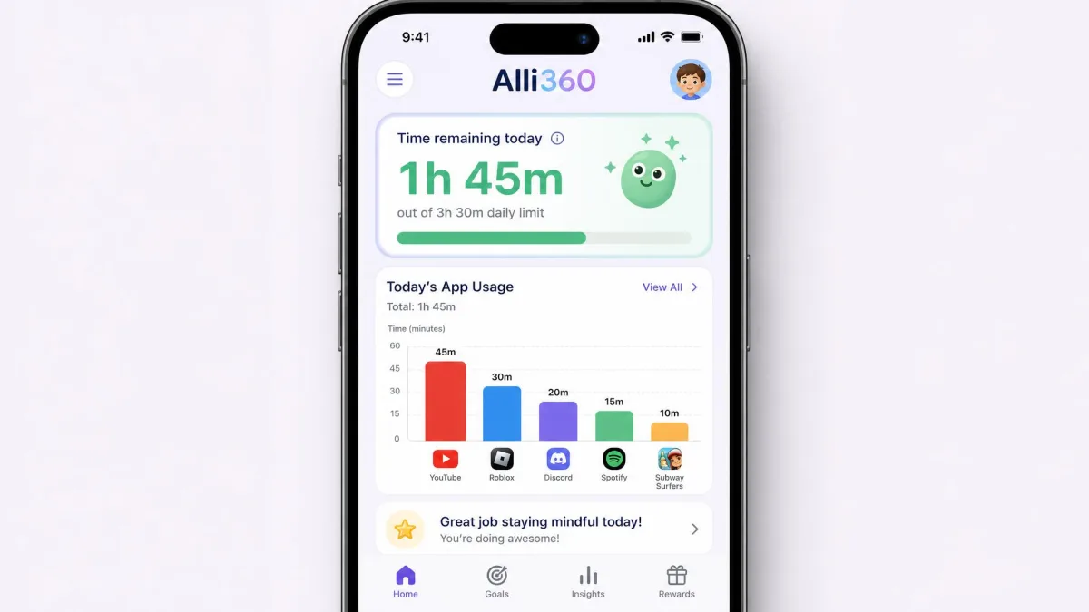 The Alli360 child app on a phone showing the child their own daily app usage statistics as a bar chart, with remaining screen time displayed at the top.
