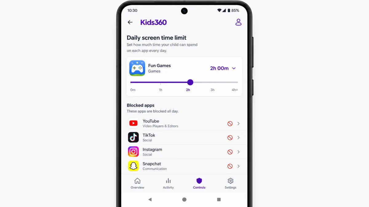The Kids360 parent app on Android showing the daily screen time limit editor, with a two-hour cap set for a games app and a list of blocked apps below it.