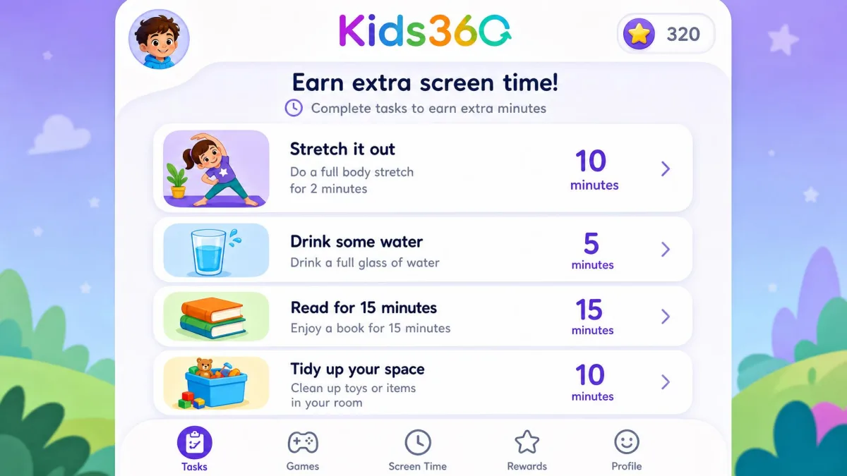 The Kids360 child app showing a list of tasks such as a stretching exercise, each with the number of extra screen time minutes it earns displayed beside it.