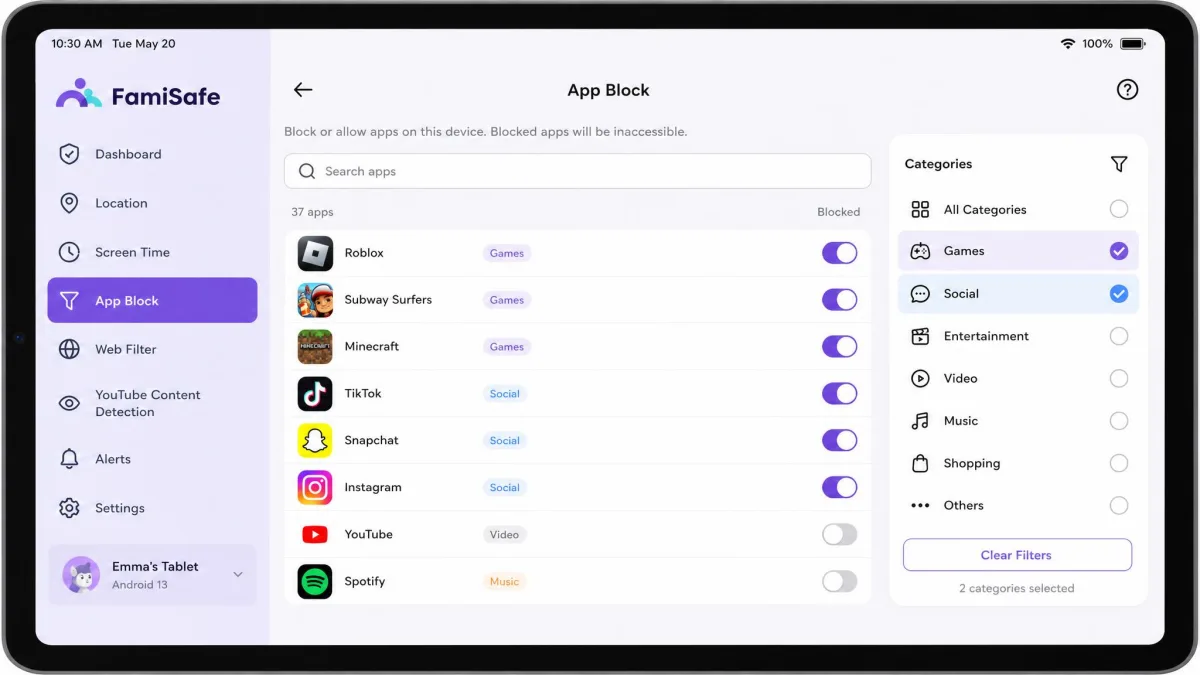 FamiSafe app blocking screen on a tablet showing a list of installed apps with toggle switches, and a category filter panel with Games and Social selected.