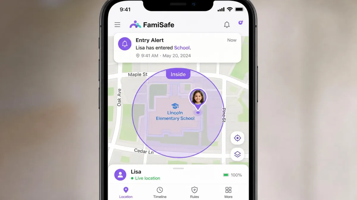 FamiSafe live location map on a phone showing a child's pin inside a circular geofence around a school, with an entry alert notification at the top of the screen.