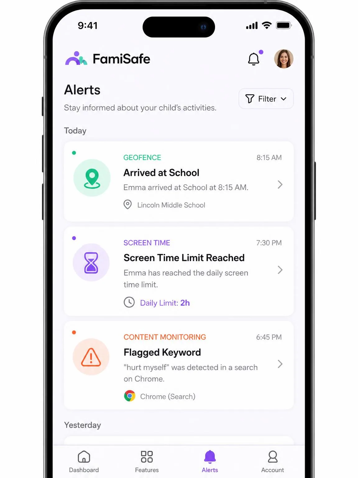 The FamiSafe parent dashboard alerts feed on a phone, listing a geofence arrival alert, a screen time limit reached notice and a flagged keyword warning.