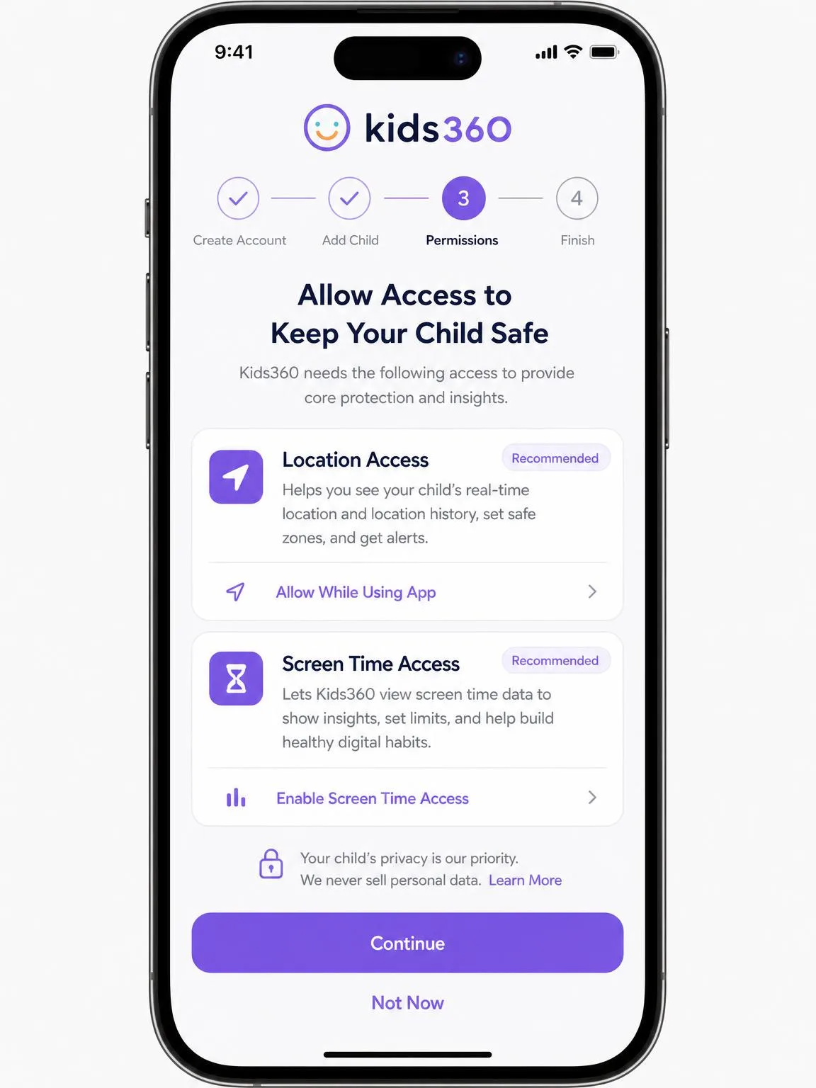 The Kids360 iOS setup flow on an iPhone showing the permissions request screen for location and screen time access, with a progress indicator at step three of four.