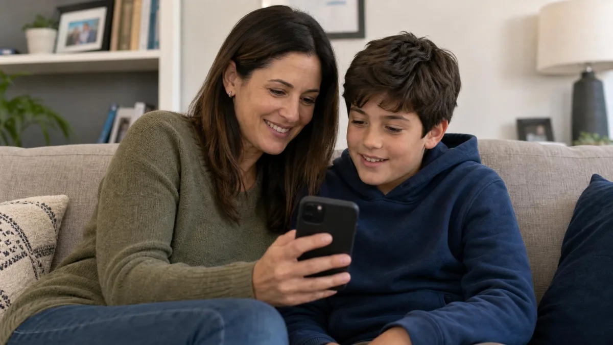 A parent and a pre-teen sitting on a sofa looking at a phone together, with the parental control app settings screen open between them.