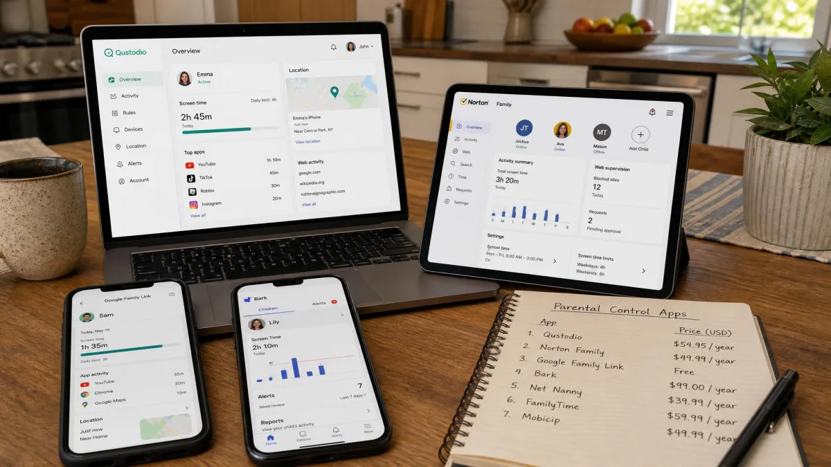 A kitchen table with a laptop, a tablet and two phones showing different parental control app dashboards, with a notebook listing app names and prices beside them.