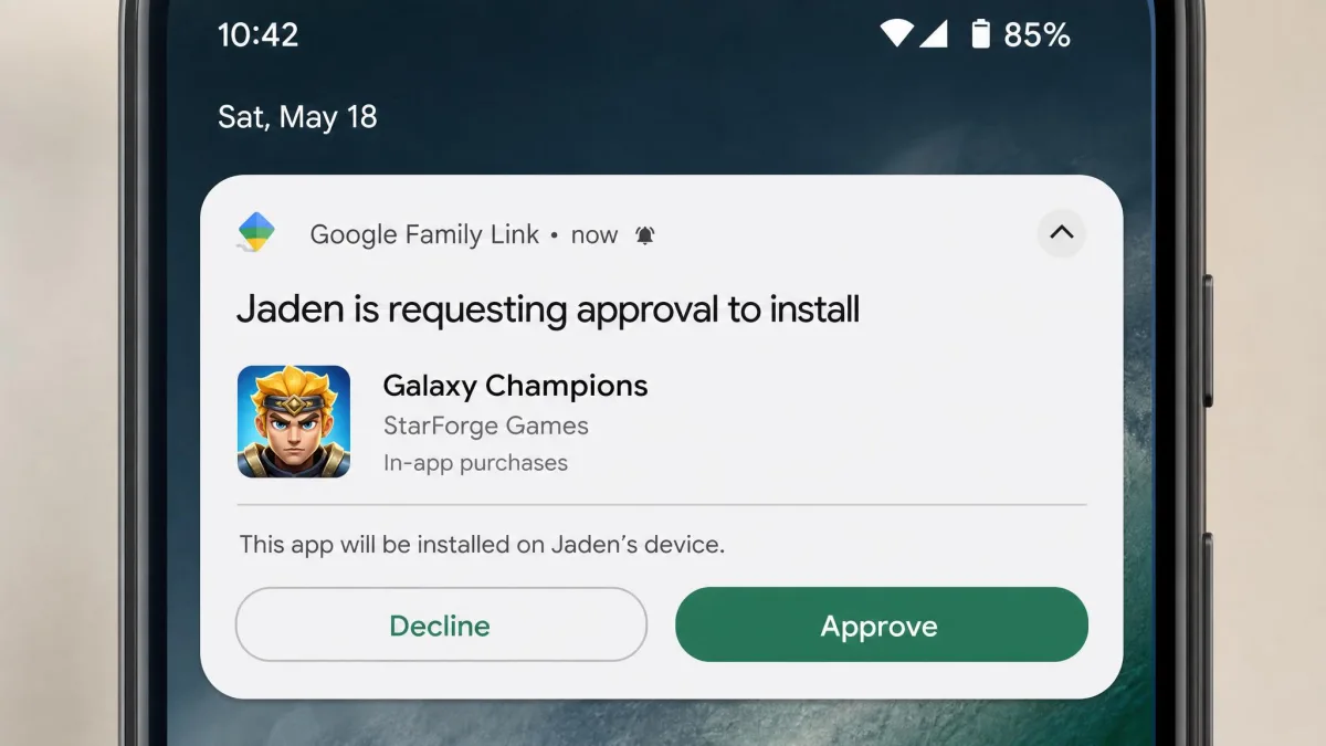A Google Family Link app install approval notification on a parent's Android phone, showing a requested game with Approve and Decline buttons and the child's name.