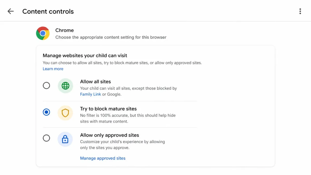 The Google Family Link content controls screen for Chrome, showing the option to allow all sites, try to block mature sites, or allow only approved sites.