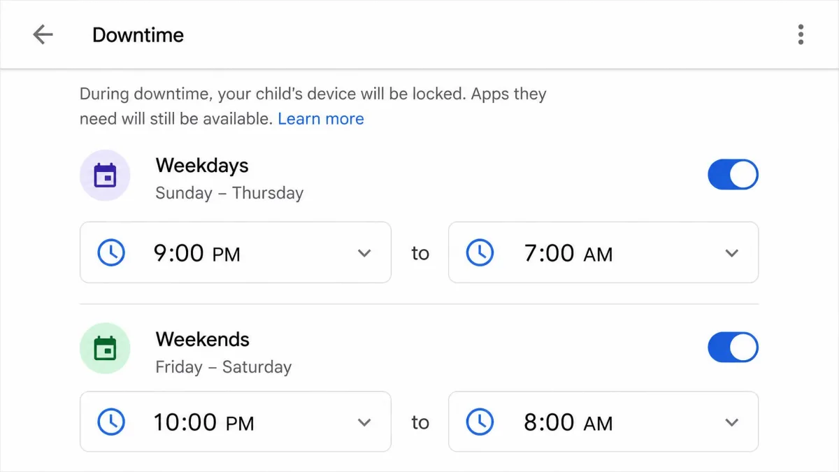 The Google Family Link Downtime schedule editor showing a weekday bedtime set from 9pm to 7am, with separate weekend hours listed underneath.