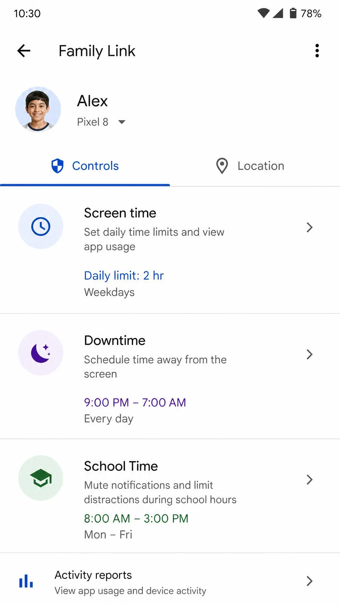 The Google Family Link Controls screen on an Android parent phone showing Screen time, Downtime and School Time options with a daily limit of two hours set for weekdays.