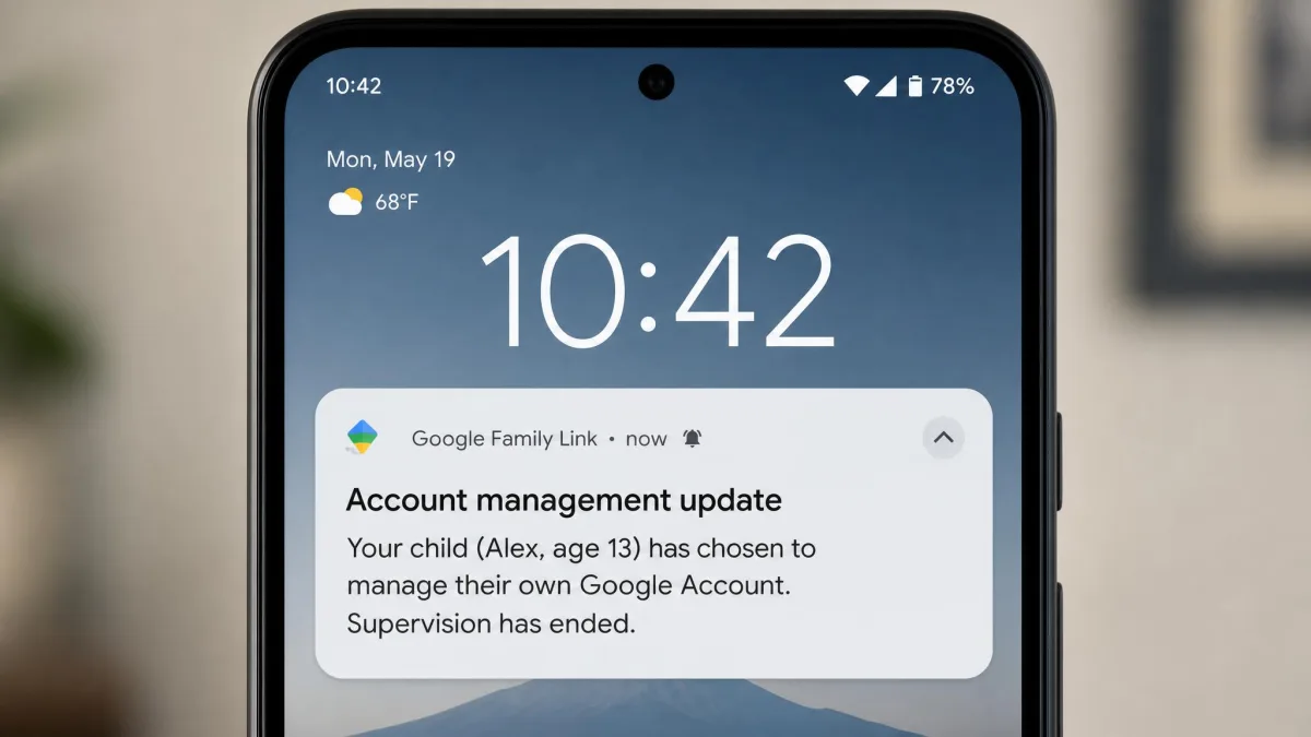 A Google Family Link notification on a parent's phone reading that a 13-year-old child has chosen to manage their own account and supervision has ended.