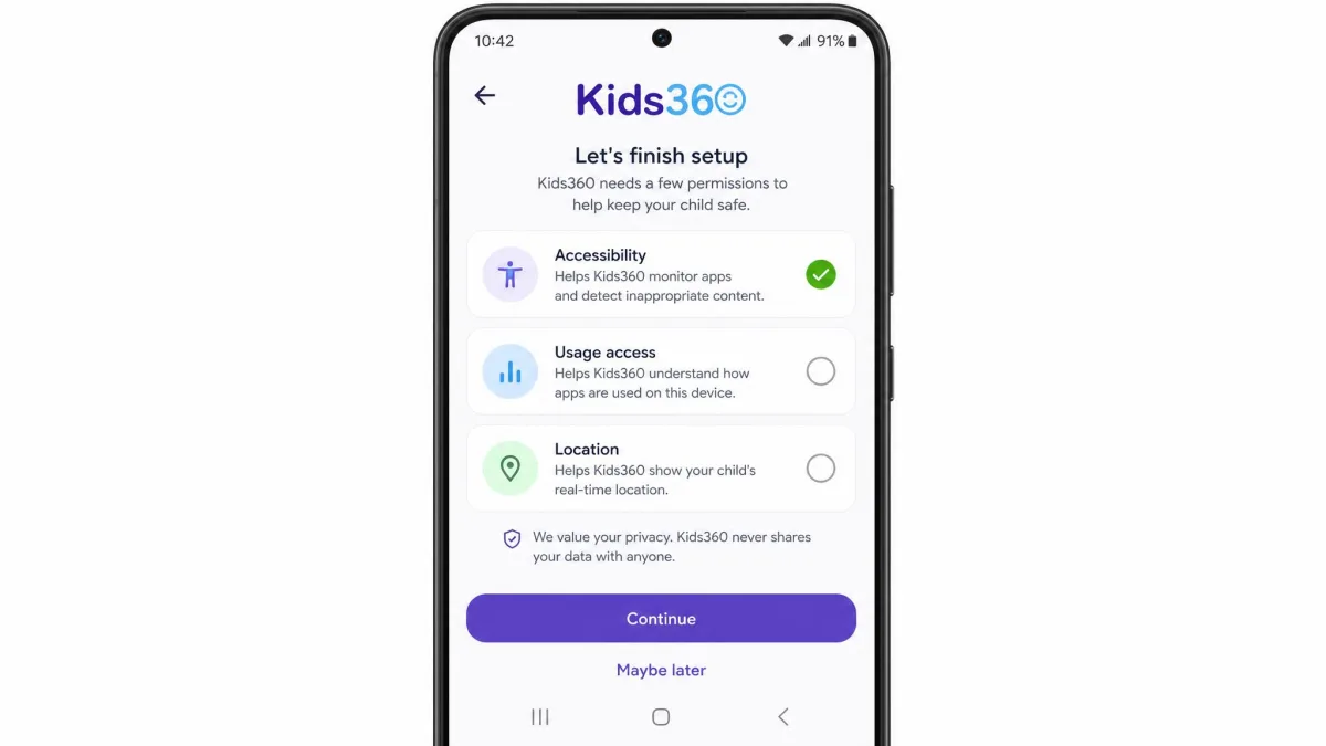 The Kids360 child app on an Android phone during setup, showing the permissions checklist for accessibility, usage access and location with two items still unticked.