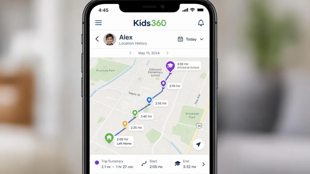 The Kids360 location history map on a parent's phone showing a child's route between home and school across an afternoon, with timestamped pins along the path.