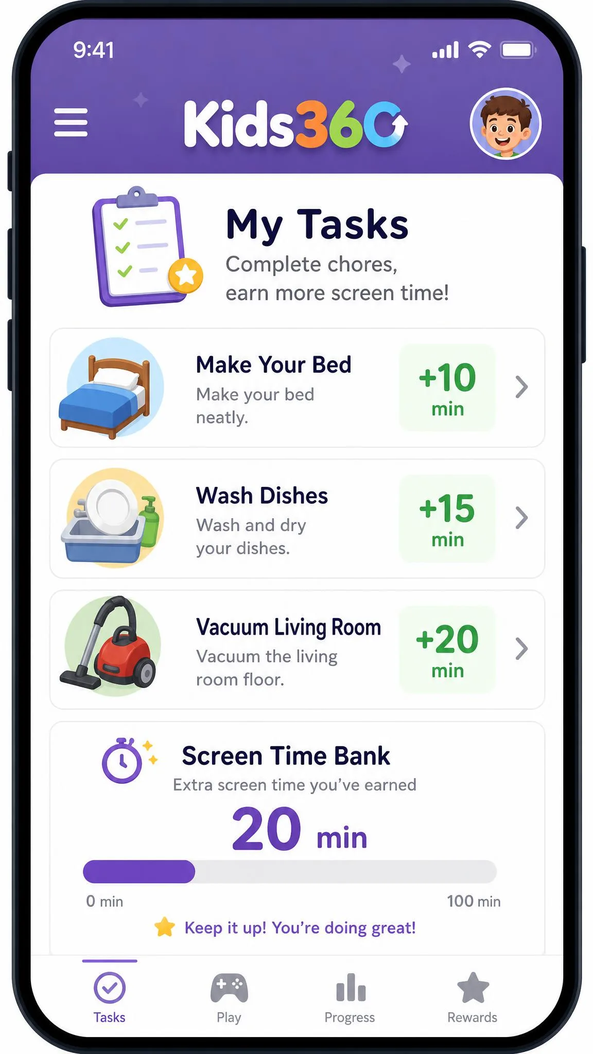 The Kids360 tasks screen on a child's phone listing three chores with the extra screen time each one earns, and a progress bar showing 20 minutes banked.