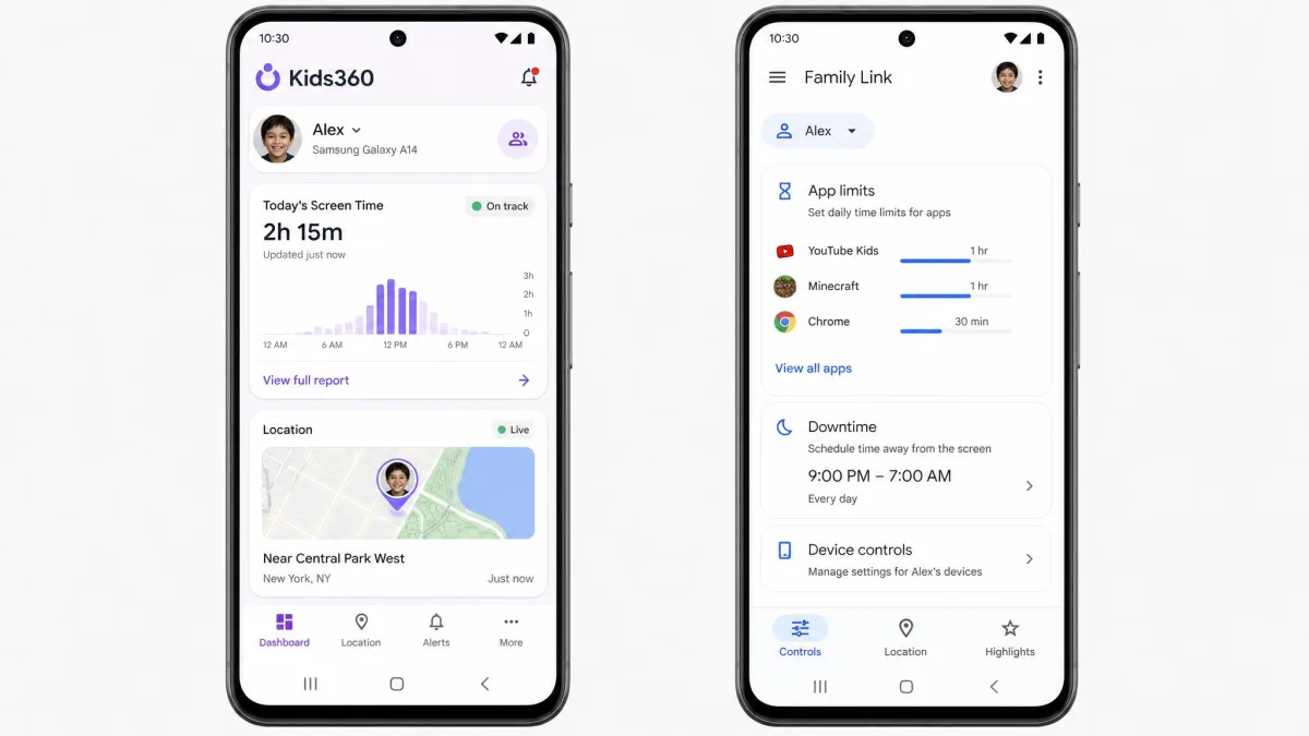 Two Android phones side by side, the left showing the Kids360 parent dashboard with daily screen time and a location card, the right showing the Google Family Link controls screen with app limits and Downtime.