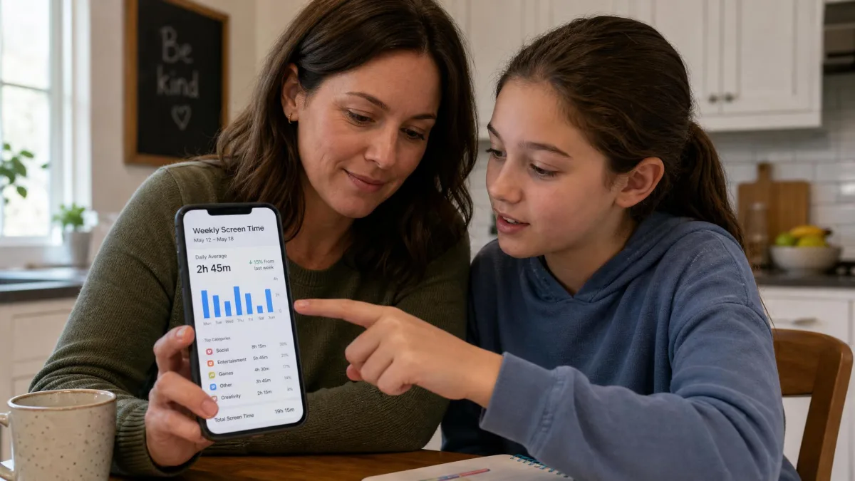 A parent and a pre-teen sitting at a kitchen table looking together at a weekly screen time report on a phone, with the child pointing at the chart.