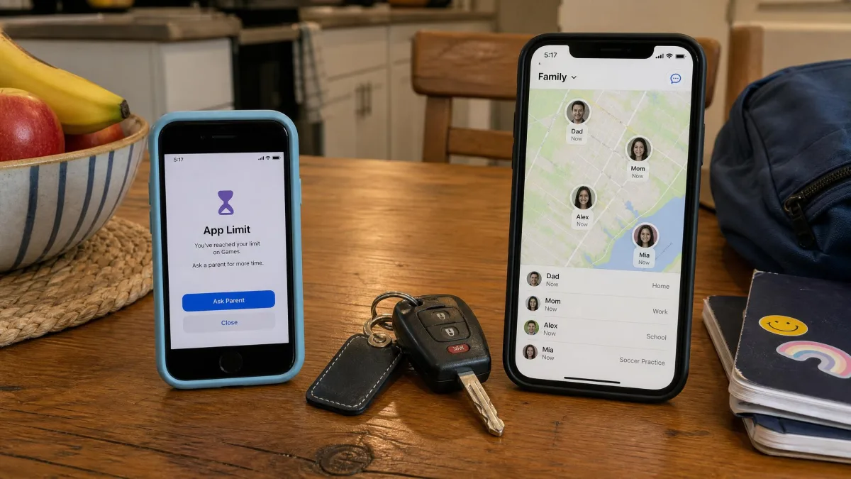 A kitchen table with a younger child's phone showing an app-limit lock screen next to a teenager's phone showing a live family map, car keys sitting between the two devices.