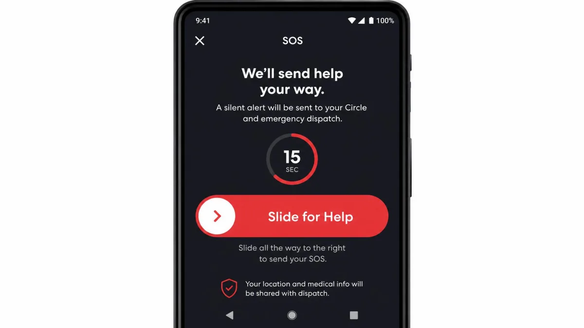 The Life360 SOS screen on an Android phone with a large red slider labelled Slide for Help, a countdown timer, and text explaining that a silent alert will be sent to the Circle and emergency dispatch.