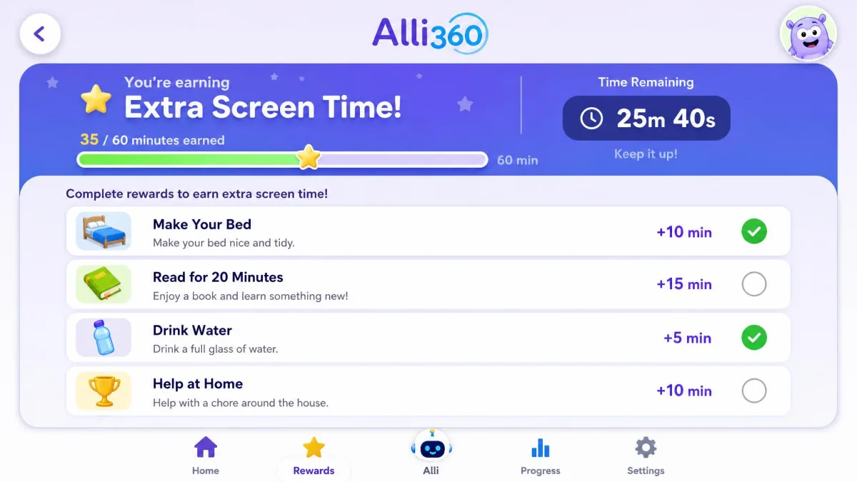 Alli360 child app screen showing reward tasks that earn extra screen time, with a progress bar and a time-remaining counter at the top.