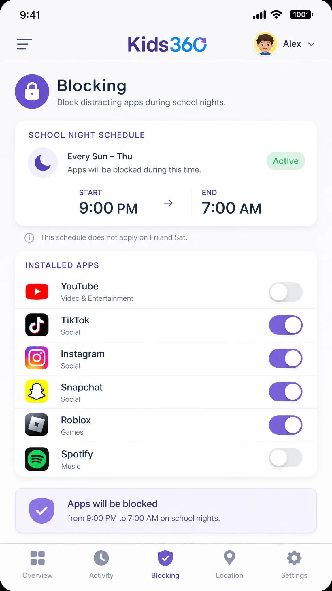 Kids360 parent app showing the app blocking screen with a list of installed apps, toggle switches, and a school-night schedule set from 9 pm to 7 am.