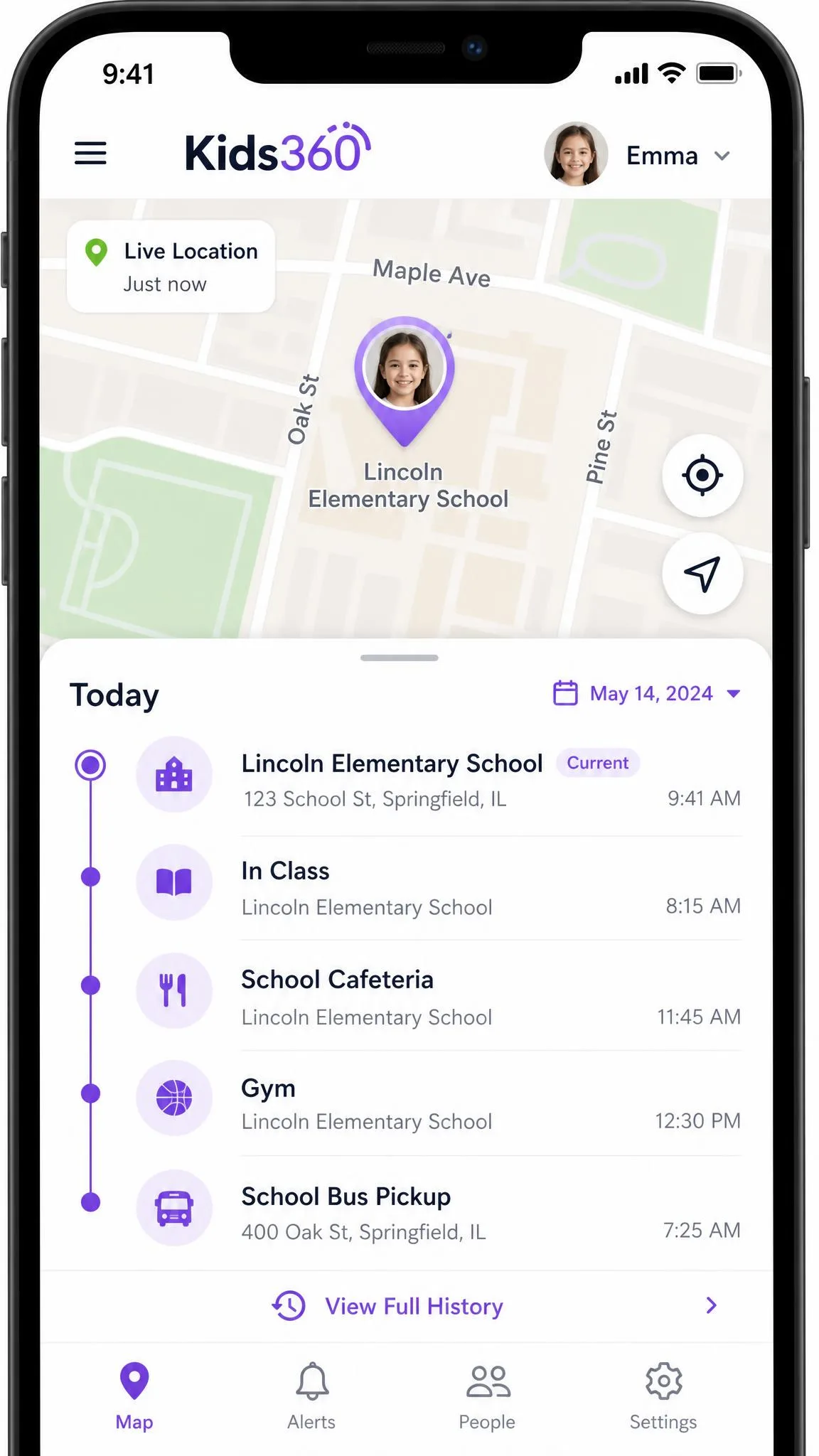 Kids360 map screen on a parent phone showing a child's current location pin and a timestamped location history list for the school day.
