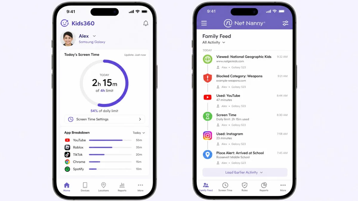 Side-by-side phone screens showing the Kids360 parent dashboard with a daily screen time ring on the left and the Net Nanny Family Feed activity list on the right.