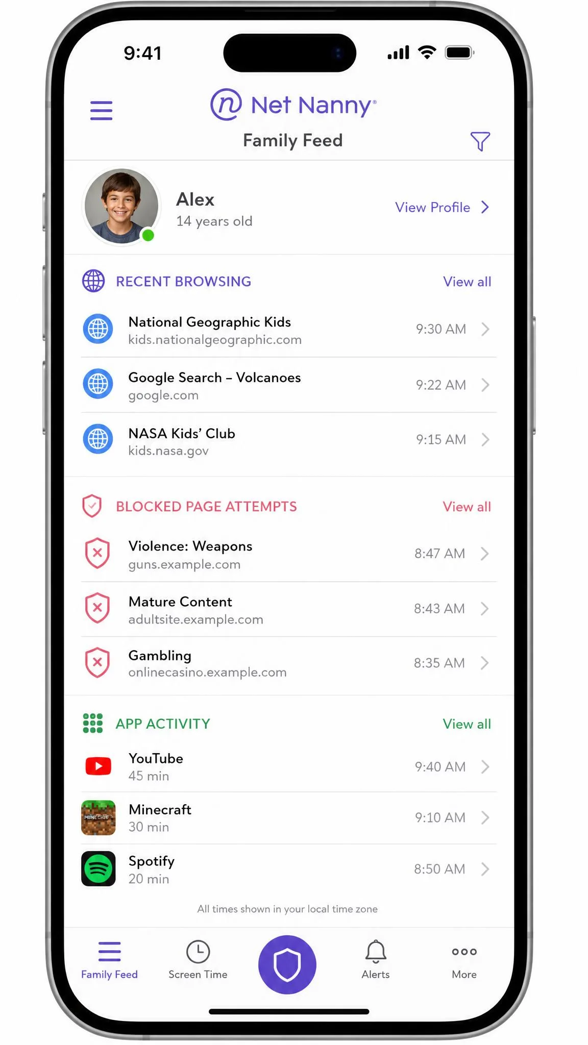 Net Nanny Family Feed on an iPhone listing a child's recent browsing, blocked page attempts and app activity with timestamps.