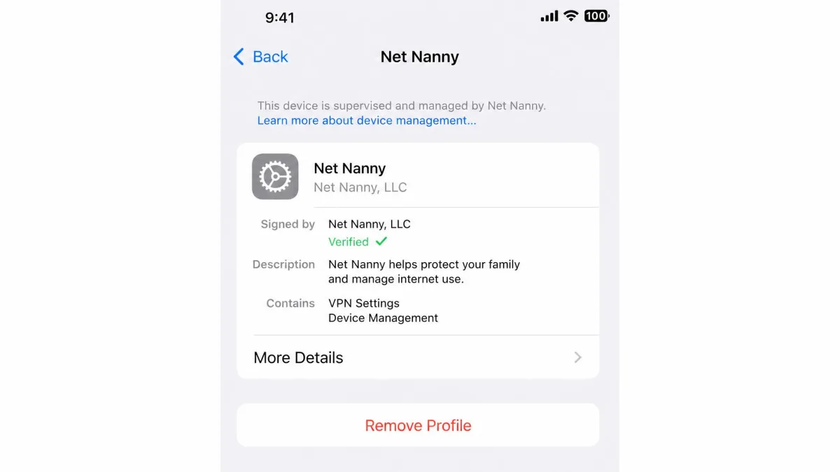 iPhone Settings screen showing the Net Nanny device management profile under VPN and Device Management, with the remove profile button visible.