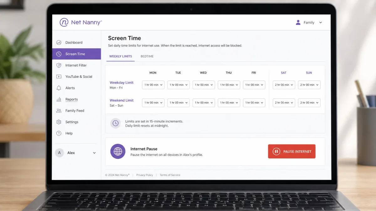 Net Nanny screen time settings on a laptop showing a weekly grid with weekday and weekend daily limits set in 15-minute increments and an internet pause button.