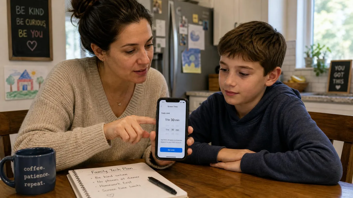 A parent and a ten-year-old sitting together at a kitchen table setting daily screen time limits on the child's phone.
