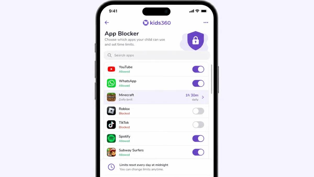 The Kids360 app blocker screen on a parent phone, showing a scrollable list of the child's installed apps with toggle switches and a daily time limit set on one game.