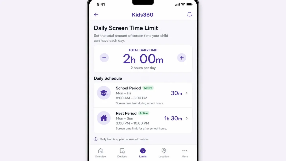 The Kids360 parent app screen for setting a daily screen time limit, with a two-hour total selected and separate school and rest-period schedules listed underneath.