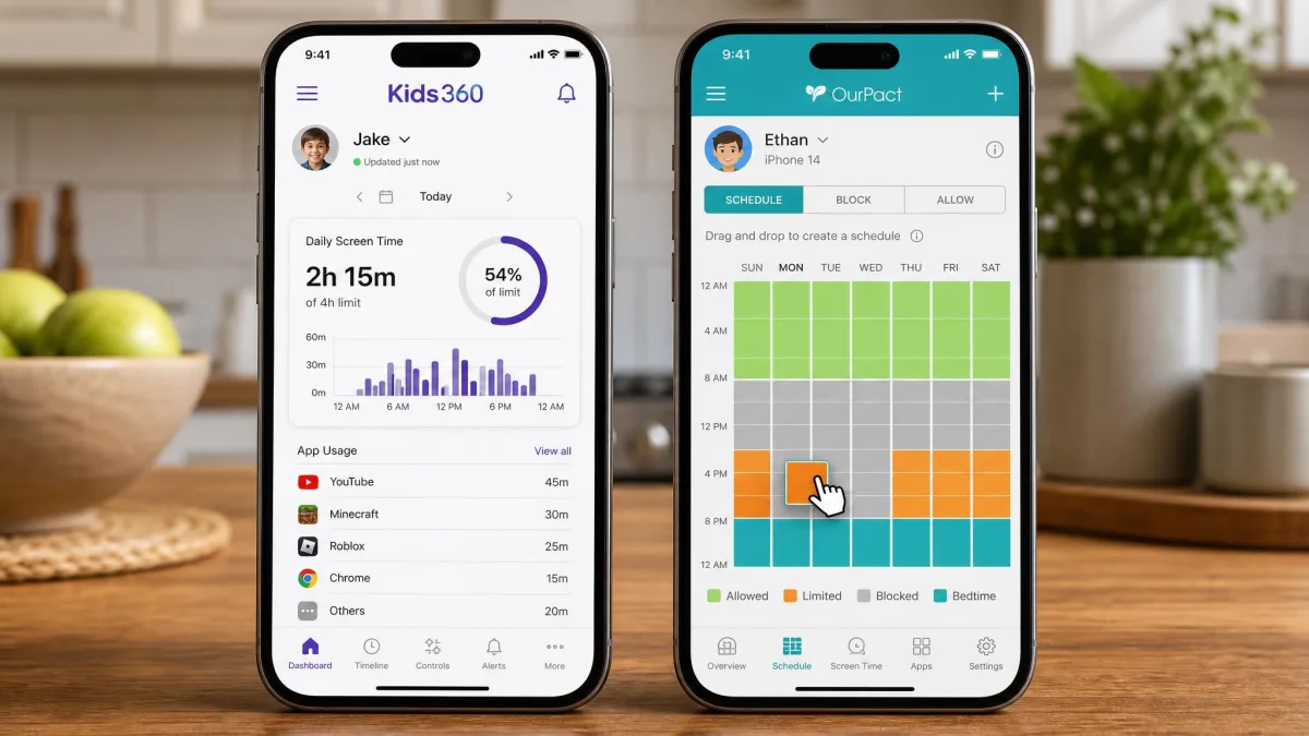 Two phones side by side on a kitchen table, the left showing the Kids360 parent dashboard with daily screen time statistics and the right showing the OurPact parent app with its drag-and-drop schedule grid.