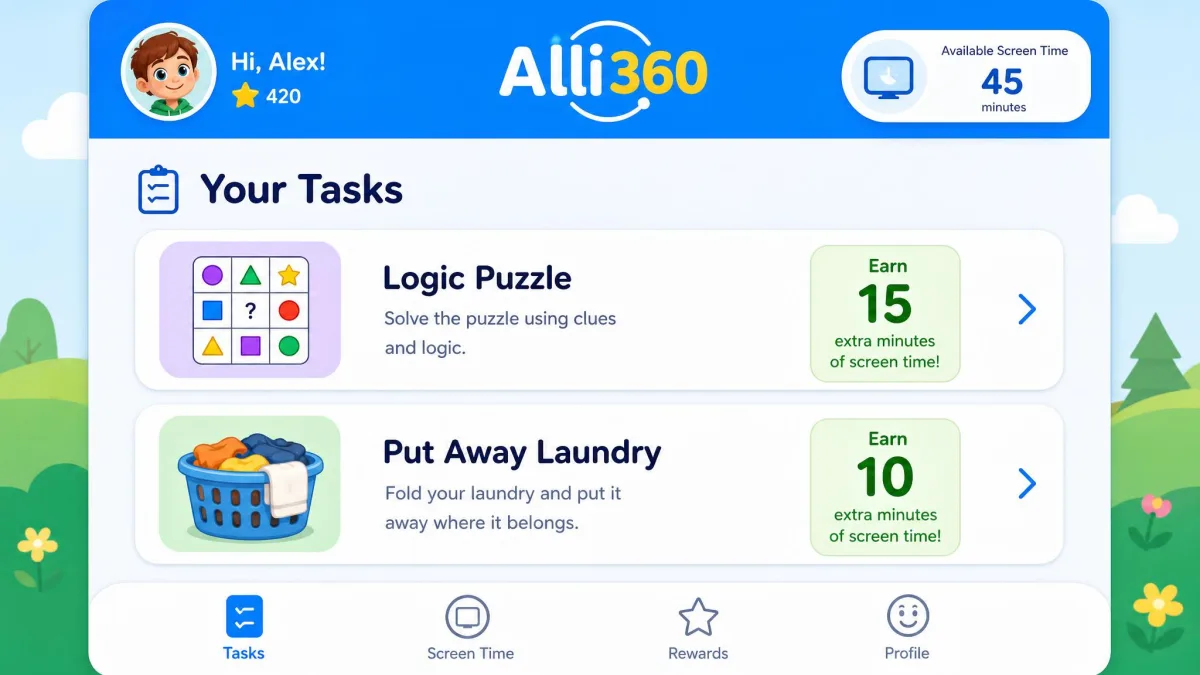 The Alli360 child app showing a task list with a logic puzzle and a chore, each marked with the number of extra screen time minutes it earns when completed.