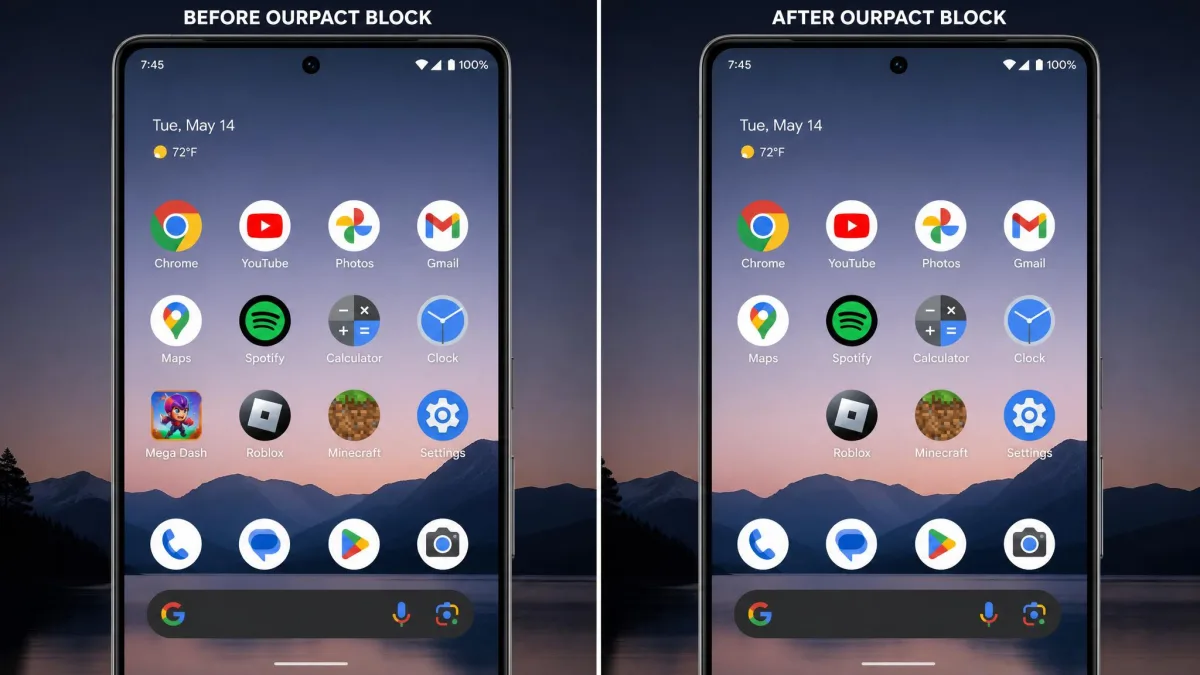 An Android home screen before and after an OurPact block, with a game icon present in the first frame and missing from the same grid position in the second.