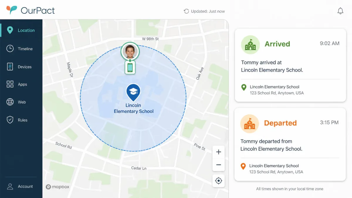 The OurPact location map showing a child device inside a circular geofence around a school, with two notification cards on the right reading arrived and departed.