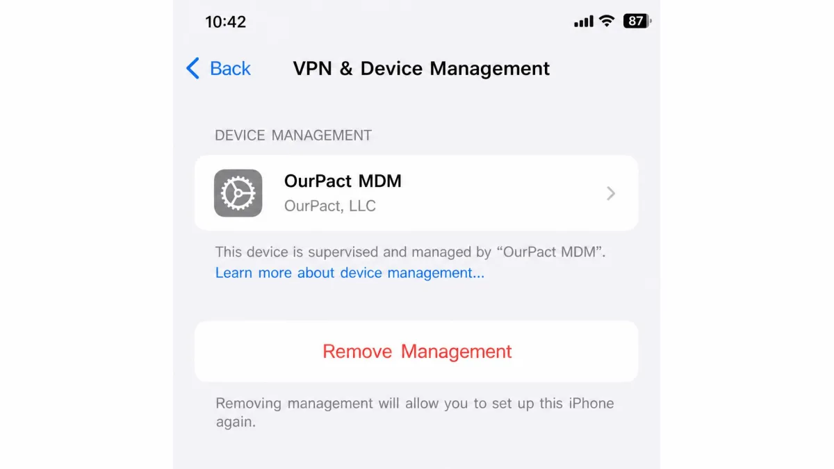The iPhone Settings screen showing the installed OurPact MDM device management profile, with the profile name and Remove Management button visible.