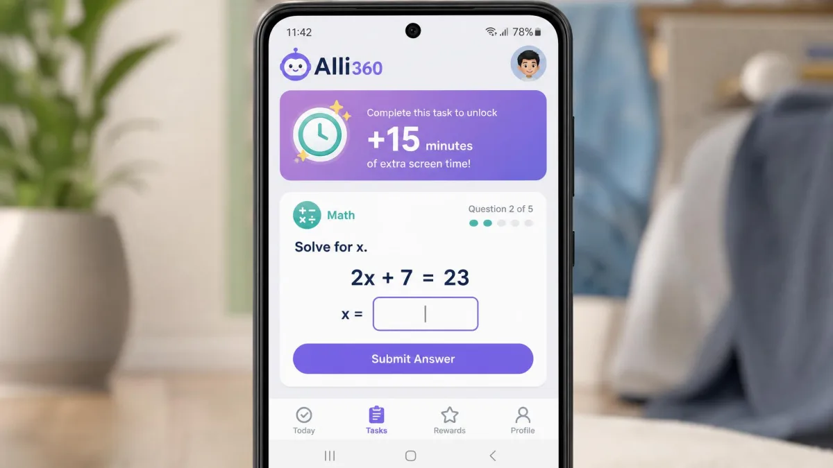 The Alli360 child app open on an Android phone, showing a math task in progress and the number of extra screen time minutes it will unlock on completion.