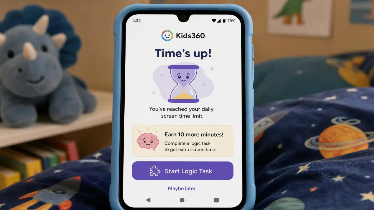 A child's Android phone showing the Kids360 limit-reached screen, with the option to start a logic task to earn ten more minutes of screen time.