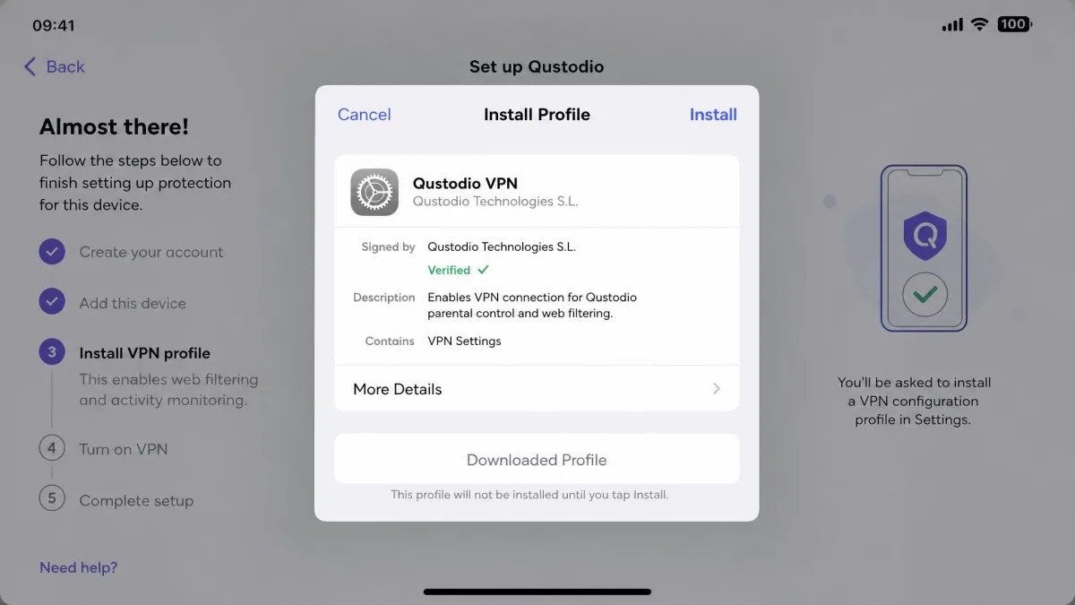 An iPhone settings screen mid-way through Qustodio setup, showing the downloaded VPN configuration profile awaiting the Install tap, with the Qustodio setup instructions open in the background.