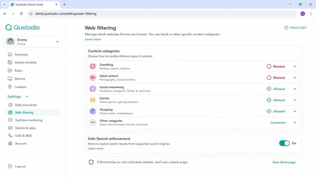 Qustodio's web filtering settings screen in a browser, showing content categories such as gambling and adult content toggled to blocked, with the safe search enforcement switch turned on.