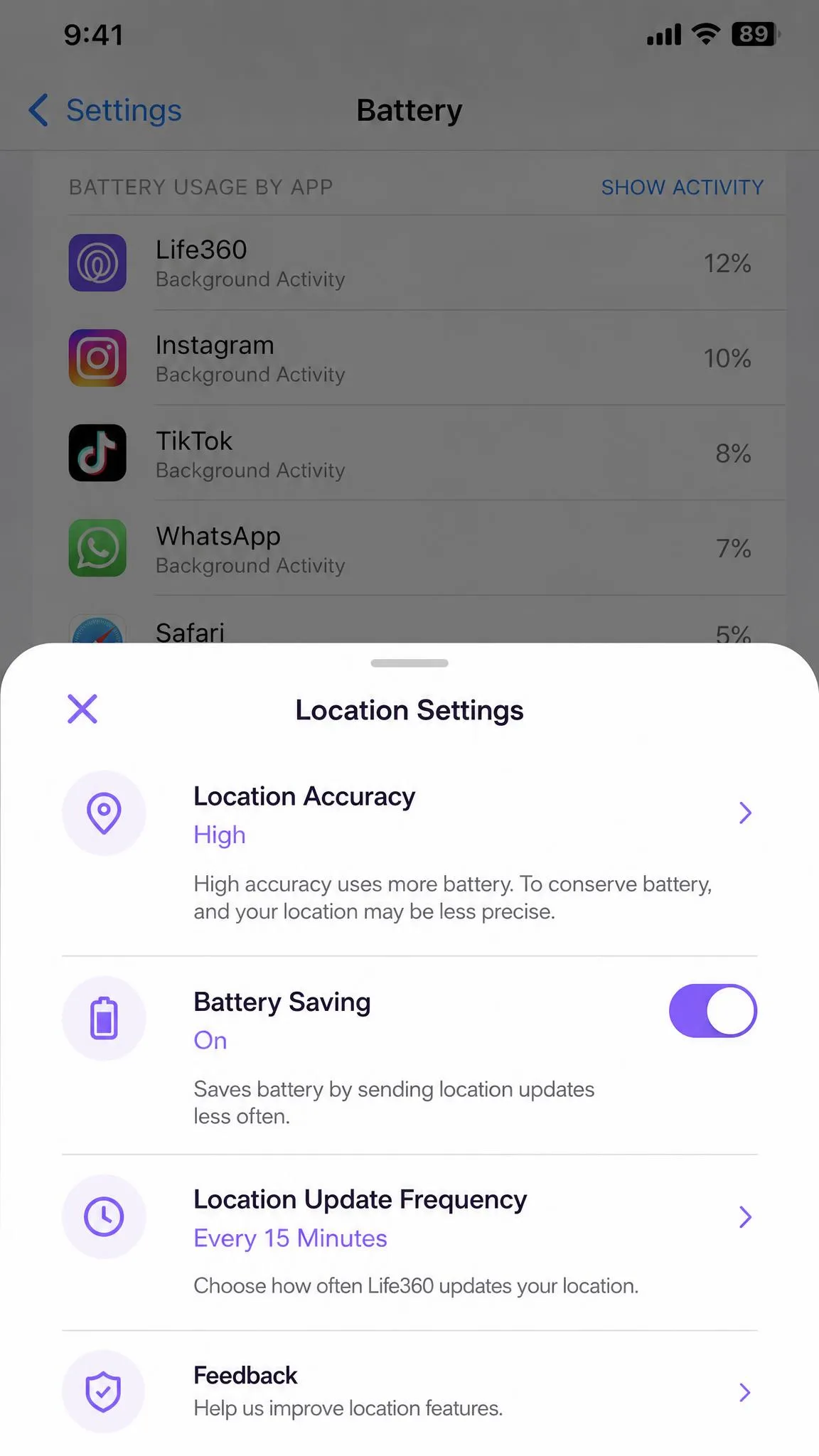 The Life360 location settings screen with Battery Saving switched on, and the iOS battery usage list behind it showing Life360 near the top.