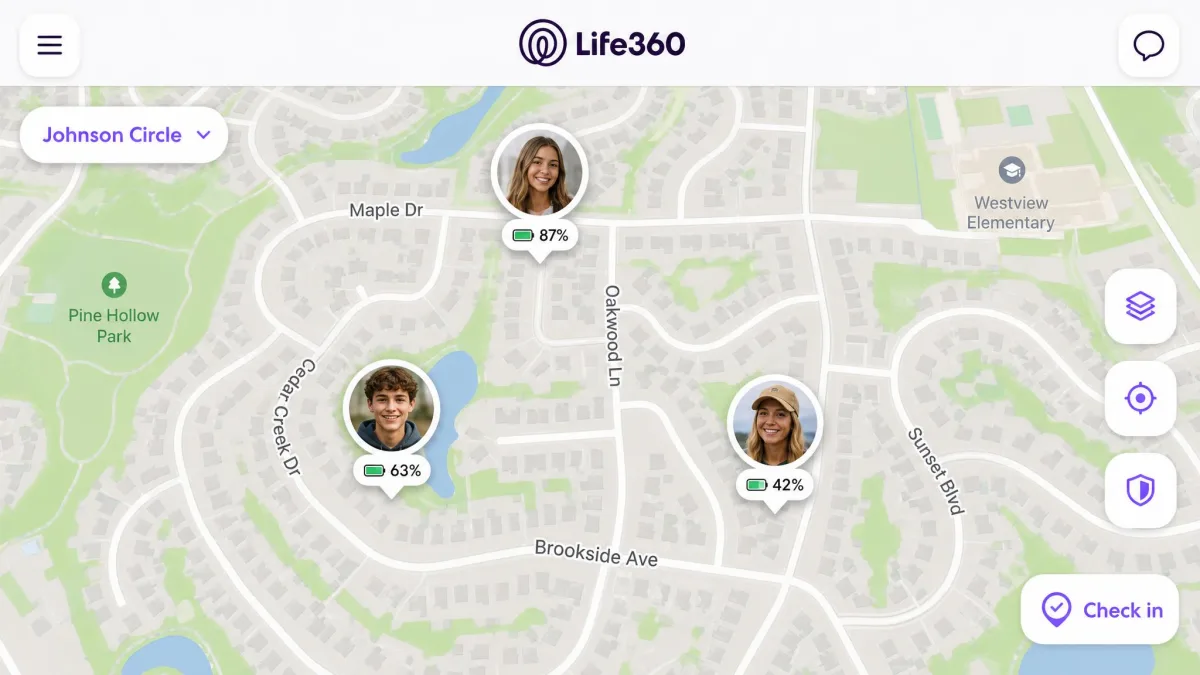 The Life360 live map with three Circle members shown as photo pins across a suburban neighbourhood, each carrying a battery percentage badge.