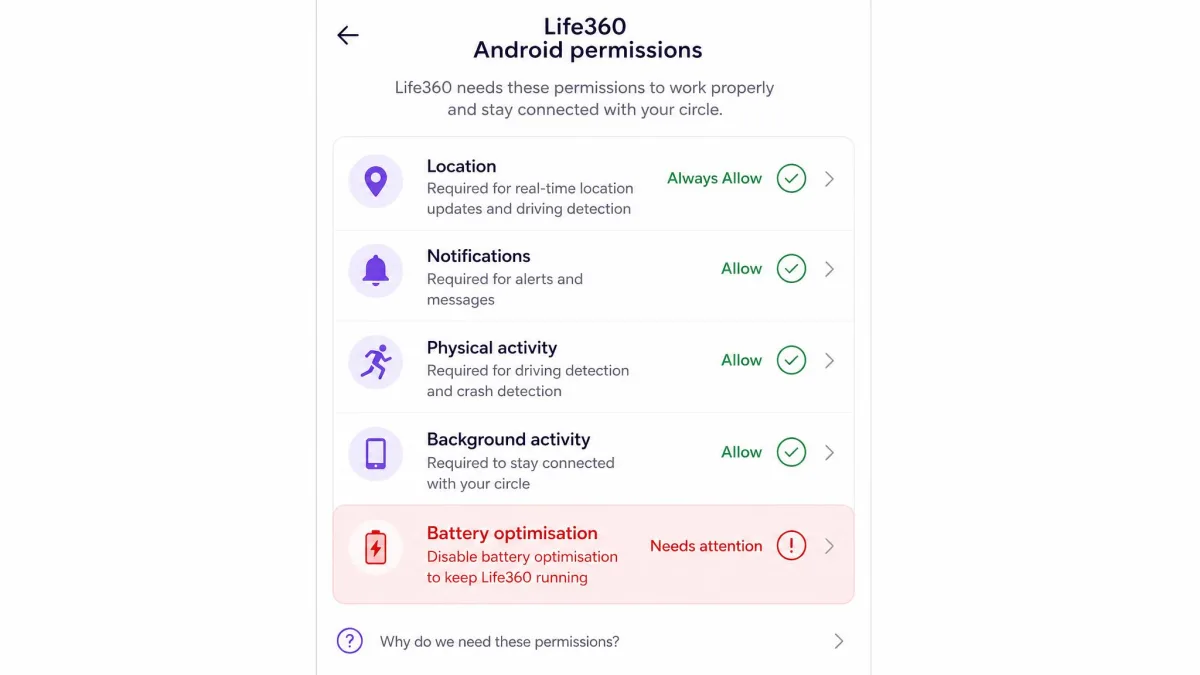 The Life360 Android permissions checklist showing location set to Always Allow and a red row prompting the user to disable battery optimisation.