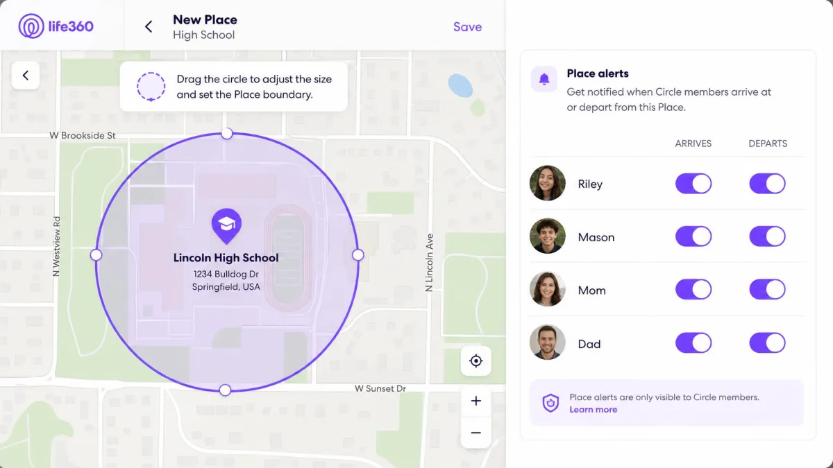 The Life360 Place setup screen with a circular geofence drawn around a high school and arrival and departure toggles listed for each Circle member.