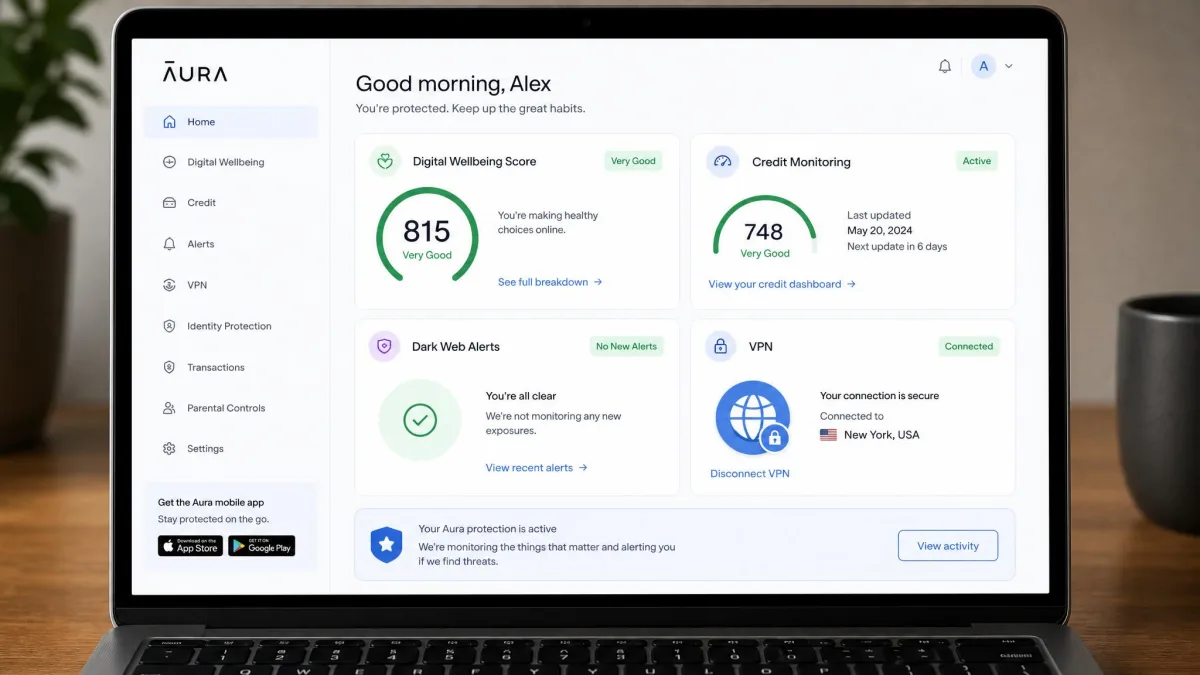 Aura's main dashboard on a laptop showing a Digital Wellbeing Score, credit monitoring status, dark web alerts, and a connected VPN indicator.