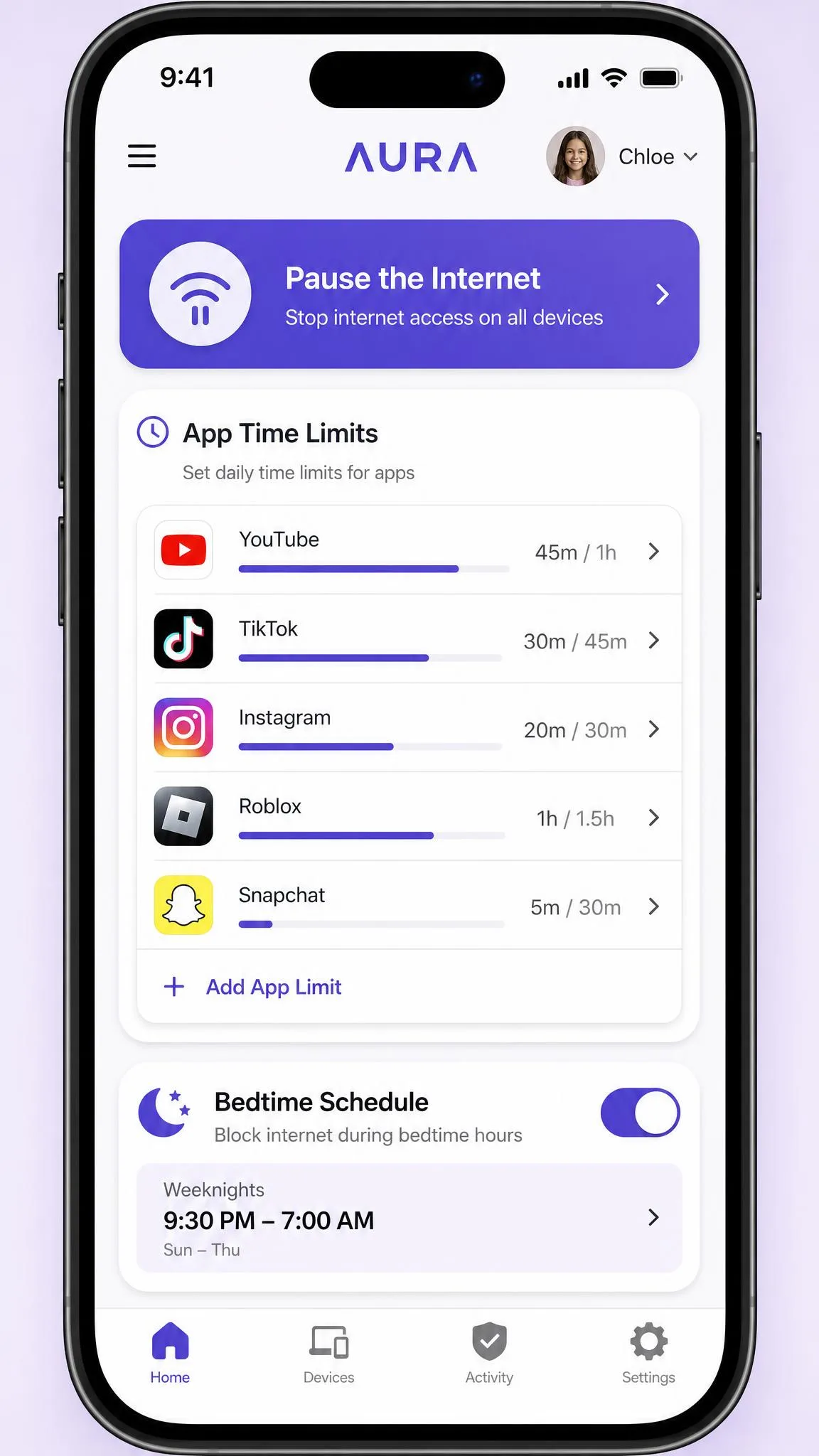 Aura's parental controls dashboard on a phone showing per-app time limits, a bedtime schedule toggle, and a large Pause the Internet button at the top.